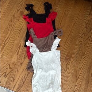 Set of Ruffled Tank Tops in Black, Red, Brown, and White size medium